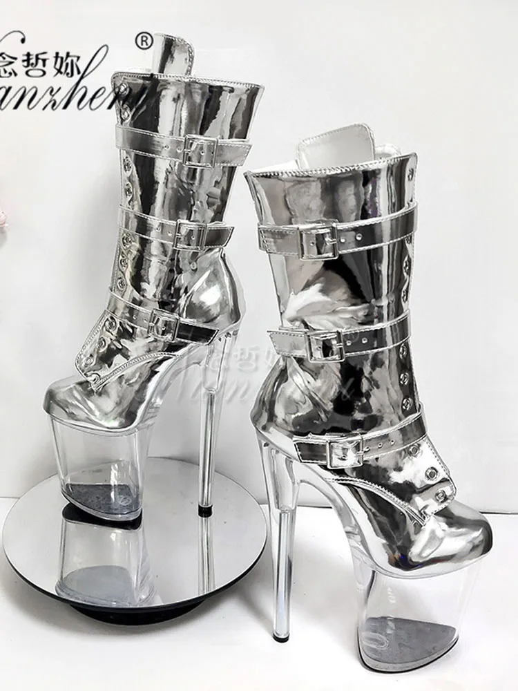 8Inches Silver Belt Buckle Ankle Boots Sexy Fetish Crystal Bottom Exotic 20cm Platform Pole Dance Women Stripper Heels Nightclub