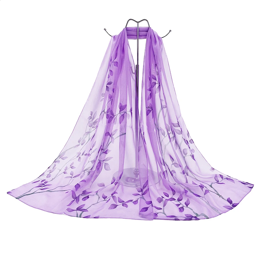 Leaf Print Silk-like Chiffon Scarf Shawl Lightweight Sheer Sarong, Versatile for Tablecloth Curtain Travel Beach Cover Up view 3