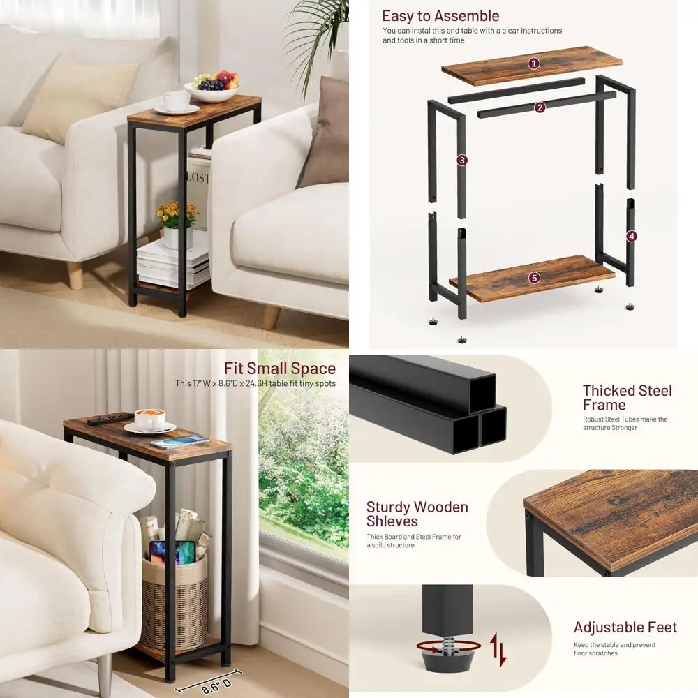 

Pair of Compact End Tables for Living Room, 2-Tier Slim Side Tables for Small Spaces, Rustic Brown & Classic Black