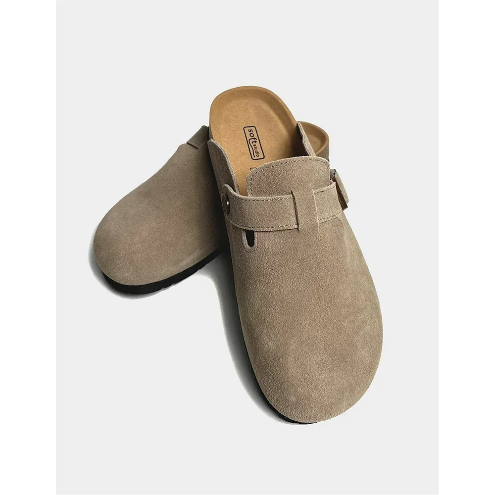 2024 klasik sandal Mule jari tertutup pria dengan Cork Birken sepatu stok Boston Clogs Cork slide pria Suede sandal kulit pria