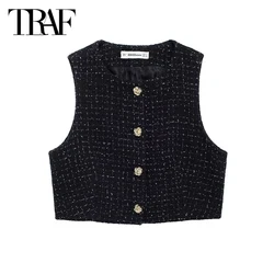 TRAF Black Cropped Vest capispalla 2024 donna estate autunno elegante canotta Top donna moda senza maniche gilet corto