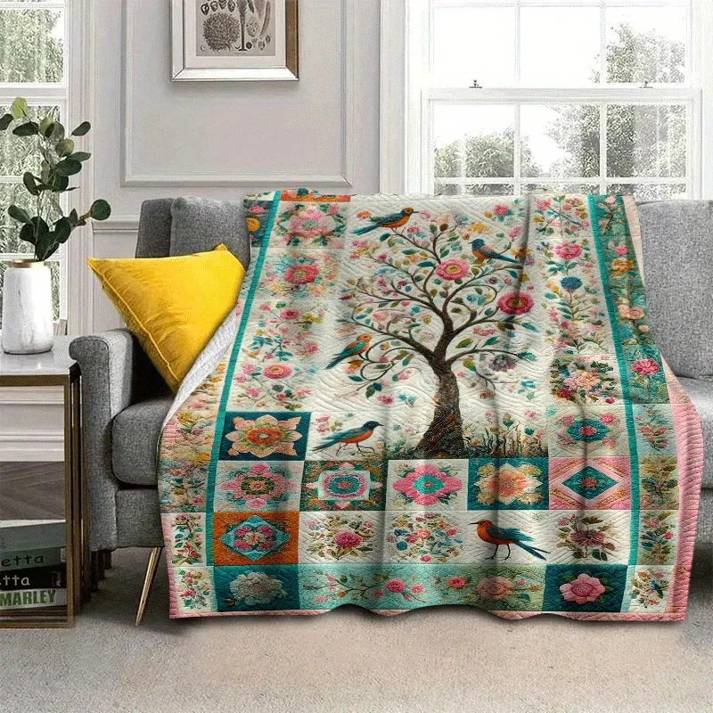 Color Patchwork Grid Tree Of Life Floral Bird Flannel Throw Blanket, Soft Blanket Sofa, Country Vintage Cottage Home Decor Gift