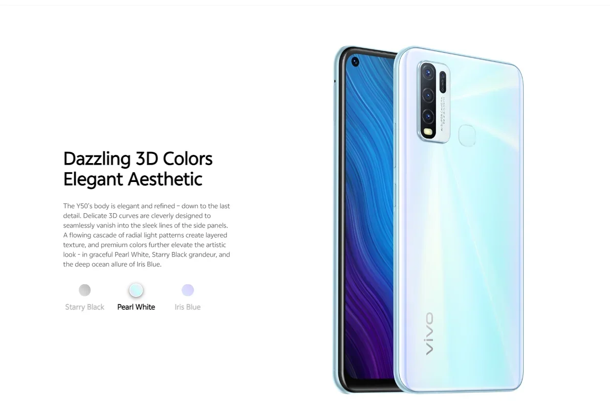 Original VIVO Y50 8GB 128GB 4 cámaras 5000mAh 6,51 pulgadas 2340x1080px CPU Snapdragon 13MP + 16MP Android 4G Smartphone