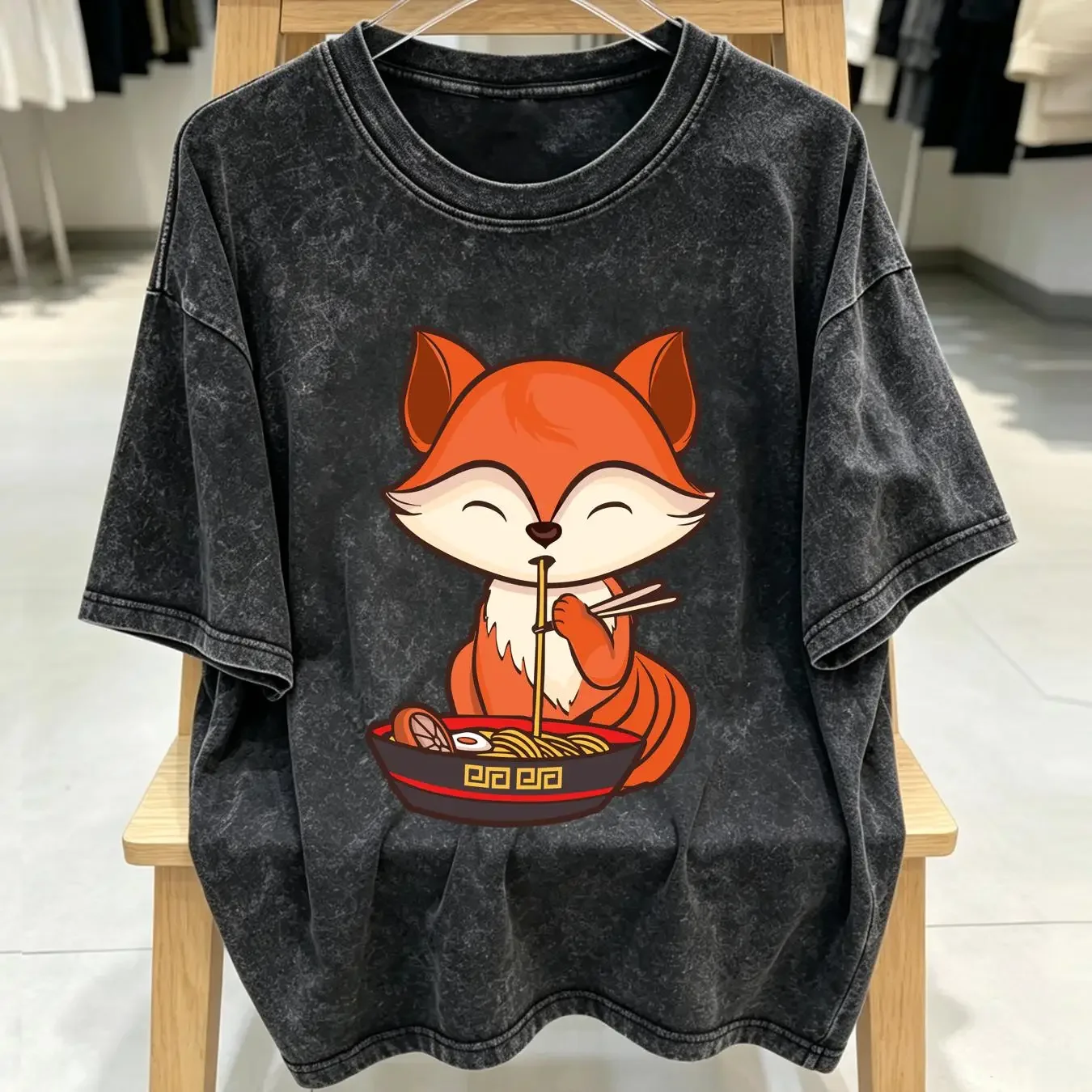 washed T Shirt Fox Eating Ramen Kawaii Japanese Cute Lovely long or short sleeves vintage Washed homme graphic Stylish