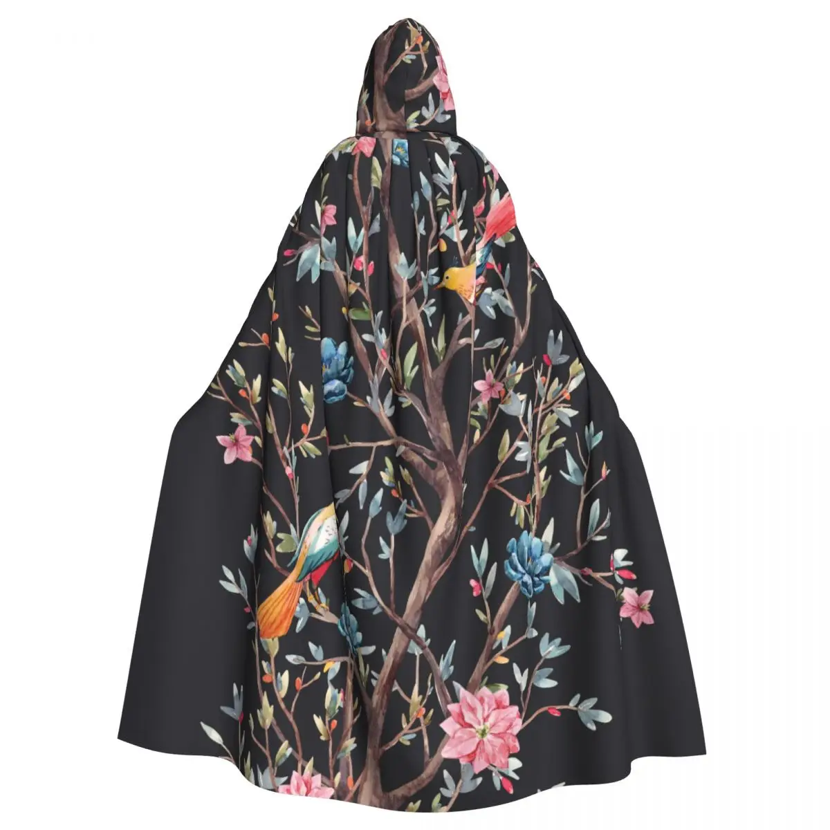 

Hooded Cloak Unisex Cloak with Hood Cloak Cosplay Costume Watercolor Spring Flowering Tree With Birds