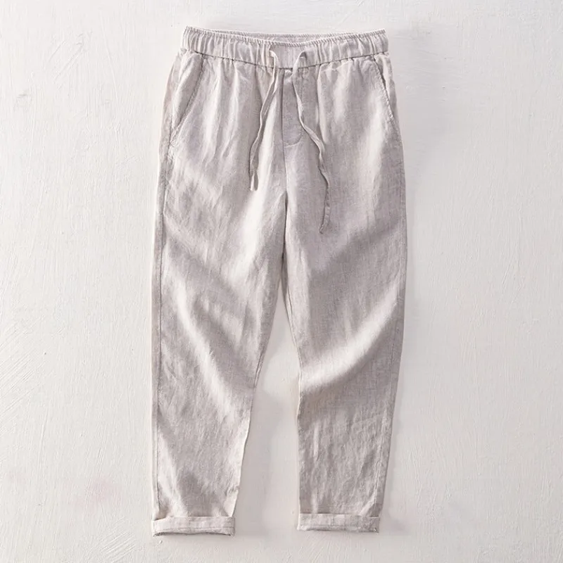 

Thin Breathable Men 100% Linen Pants New Spring Summer Elastic Waist Comfortable Drawstring Loose Trousers with Pockets