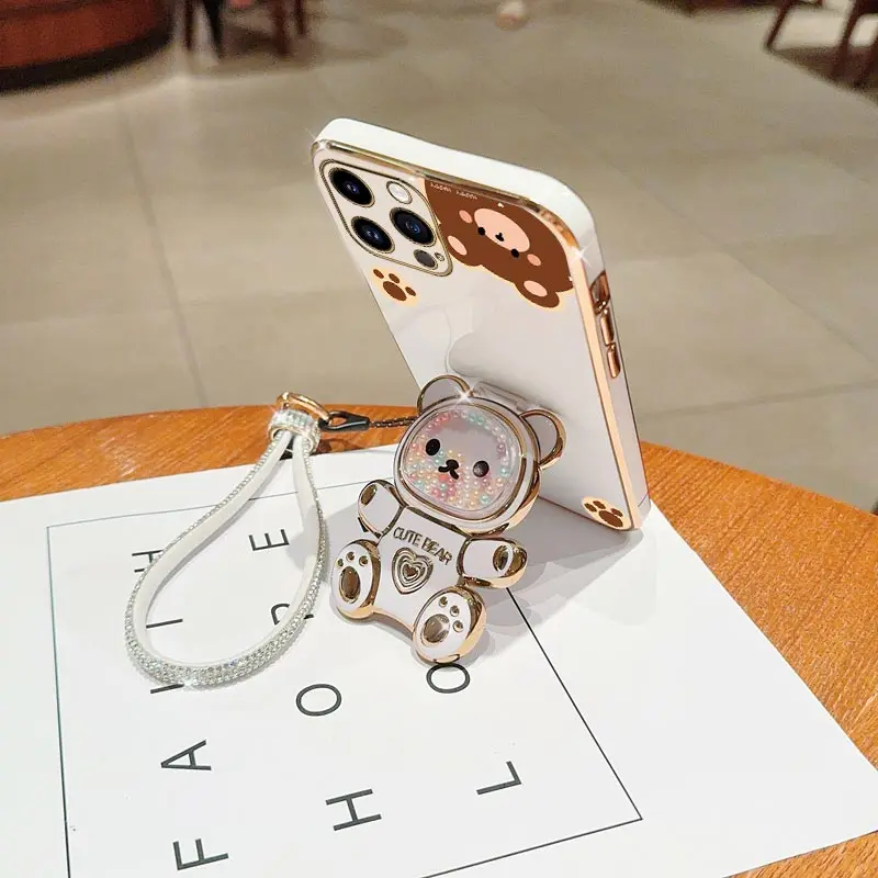 Diamond Wrist Strap Lanyard Cute Bear Phone Holder Case For iPhone 16 15 14 13 12 11 Xs Pro Max Mini X XR Plus Stand Back Cover