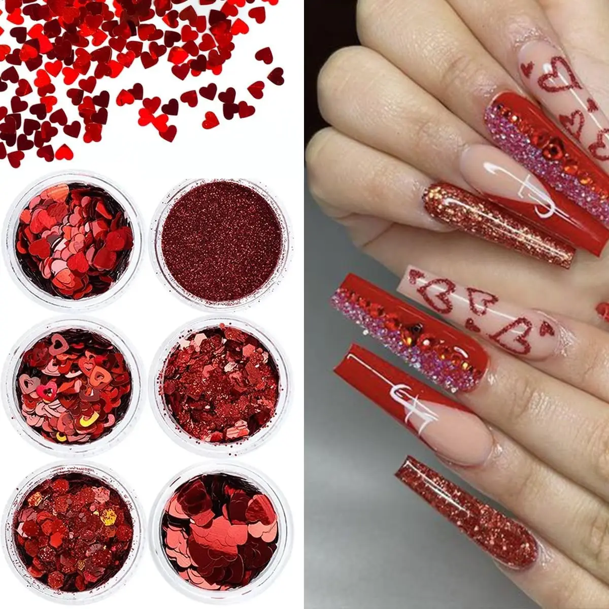 6-doos rood liefdeshartvlokken nagelpailletten Valentijnsdag ontwerp nagel glitterpoeder glanzend hart paillette nageldecoratiepoeder