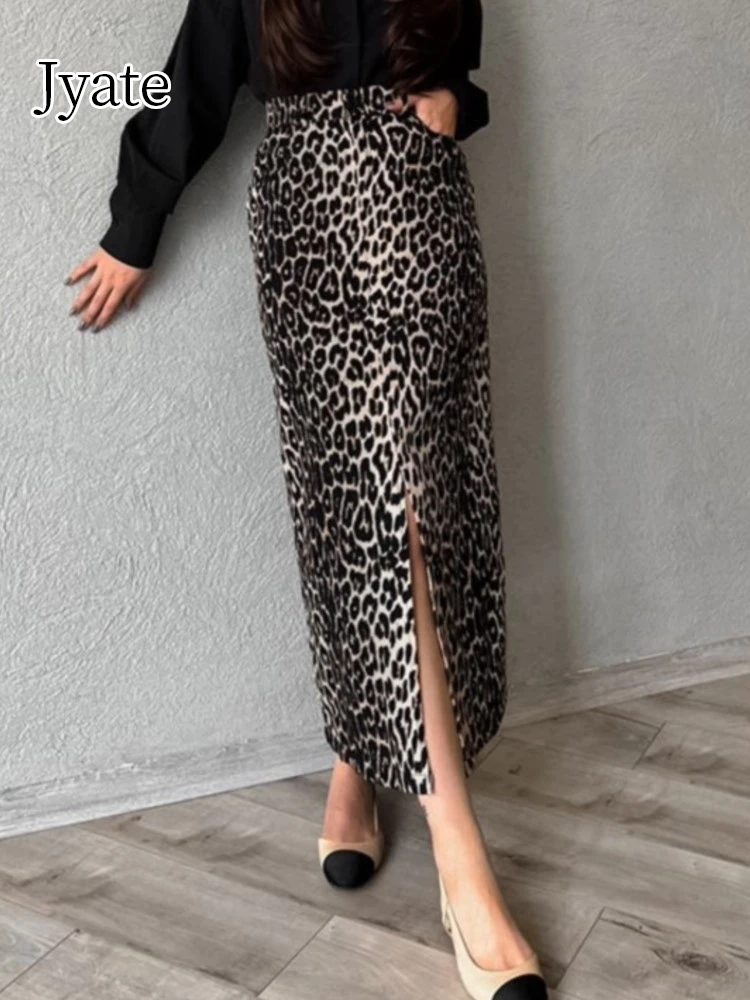 

Jyate Leopard Vintage Slit Long Skirt 2024 New Cotton High Waist Pocket Spring Summer Streetwear Skirts Casual Woman Clothes