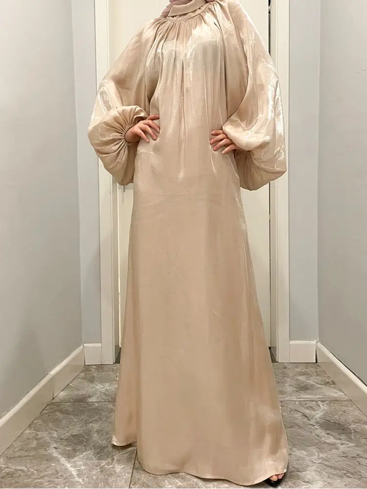 Ramadan Eid Djellaba Muslim Dress Dubai Fashion Elastic Puff Sleeve Soft Shiny Abaya Dubai Turkey Muslim Kimono Islam Robe WY840