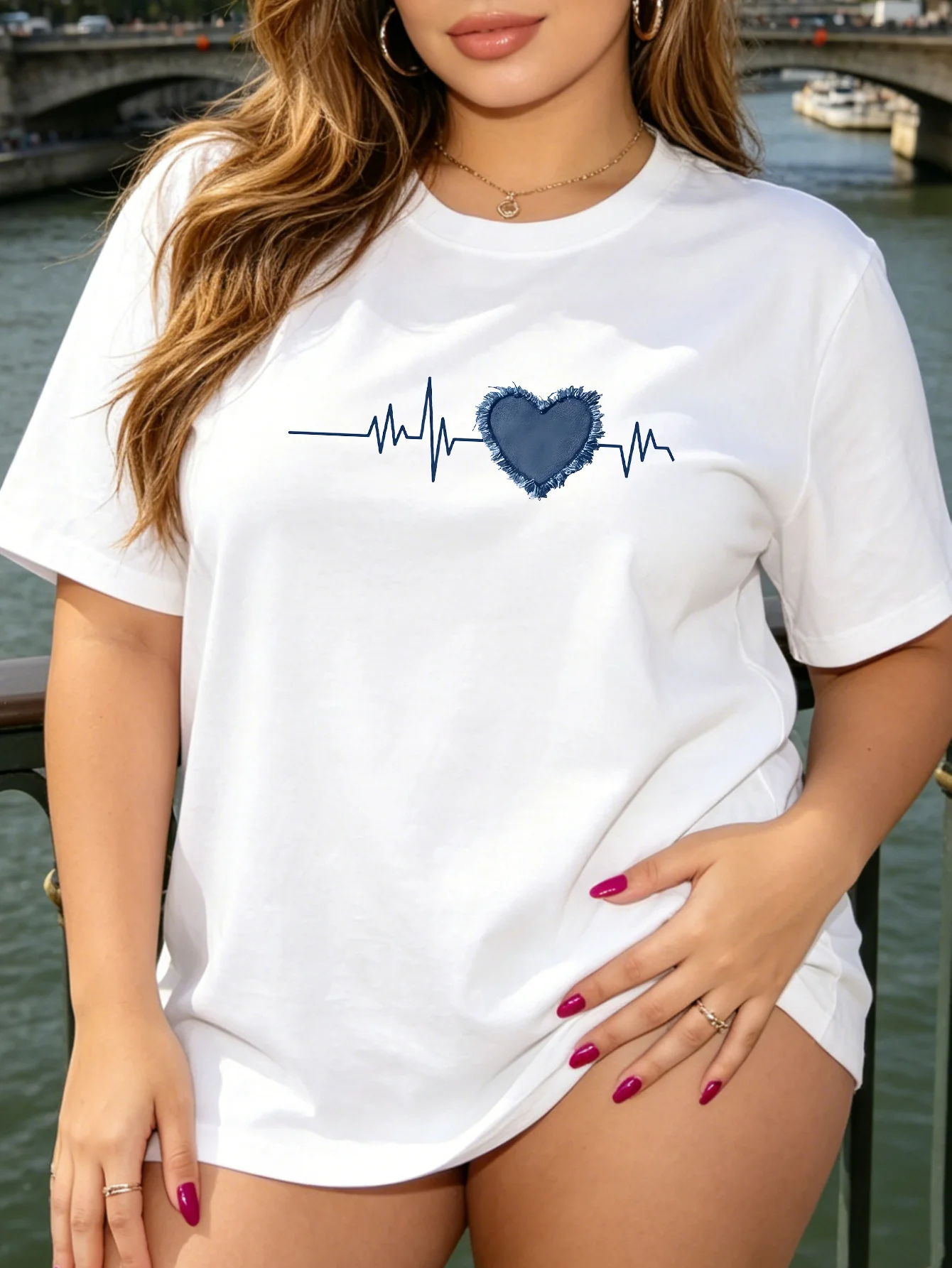 Women Crew Neck Tee Heartbeat Heart Graphic Print Short Sleeve Loose Ladies Summer Soft Cotton Plus Size Casual Street Top