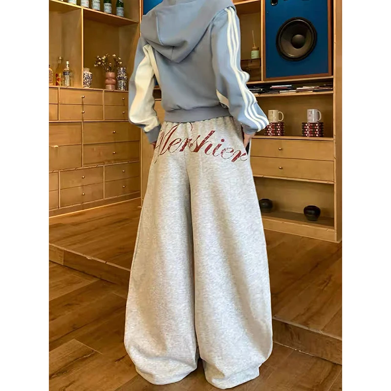YIBASHU American Style Star Letter Printed Wide Leg Pants Women Autumn Winter Retro High Street Hip-hop Gray Sweatpants Pants