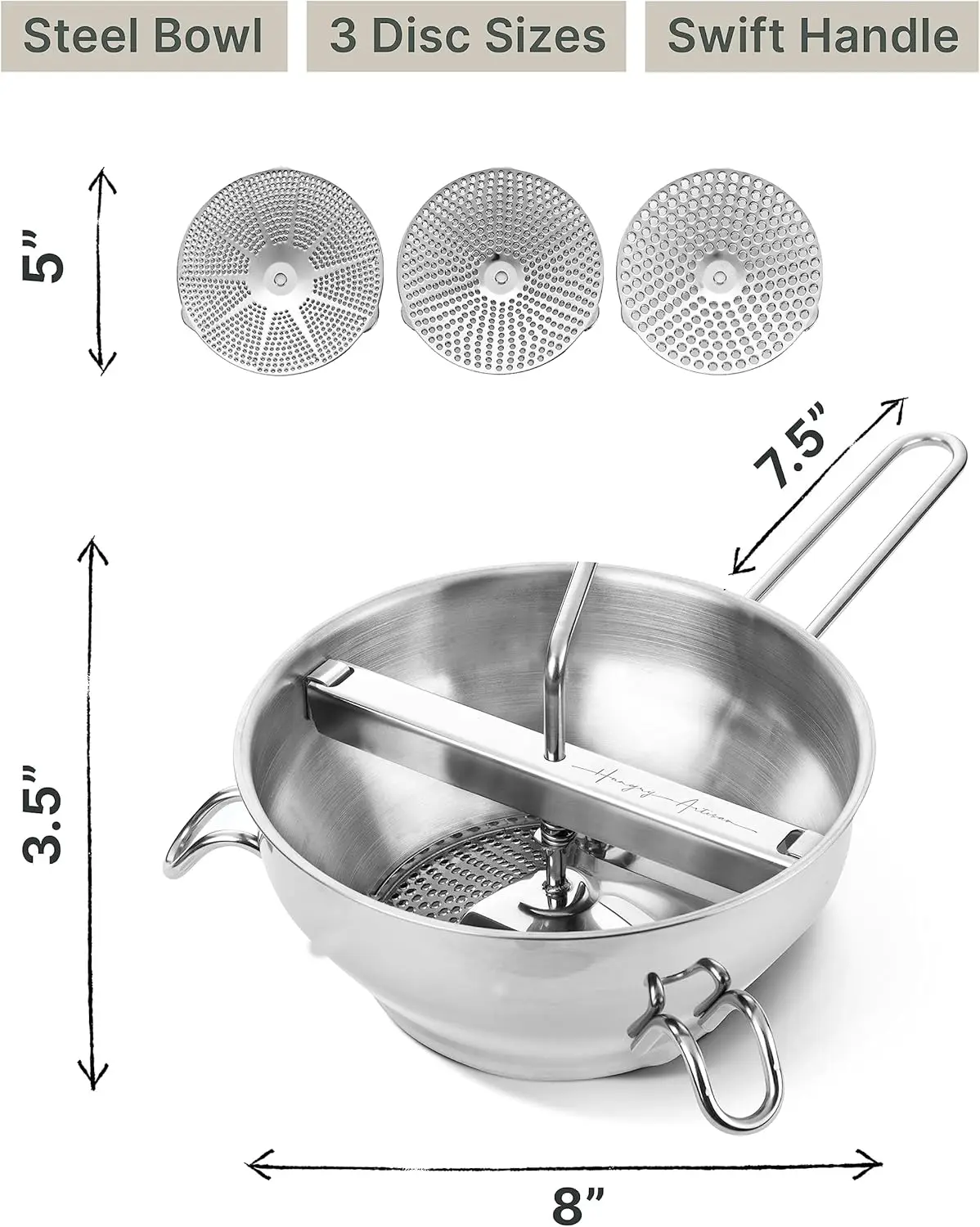 Ergonomic Food Mill Stainless Steel With 3 Grinding Discs, Milling Handle & Bowl - Rotary Food Mill for Tomato Sauce, Applesauce