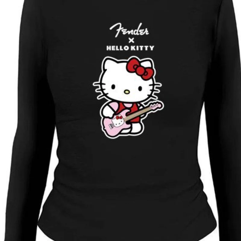 Sanrio hello kitty americano retro doce picante menina dos desenhos animados gato impressão manga comprida camiseta feminina kawaii anime moda casual conjunto