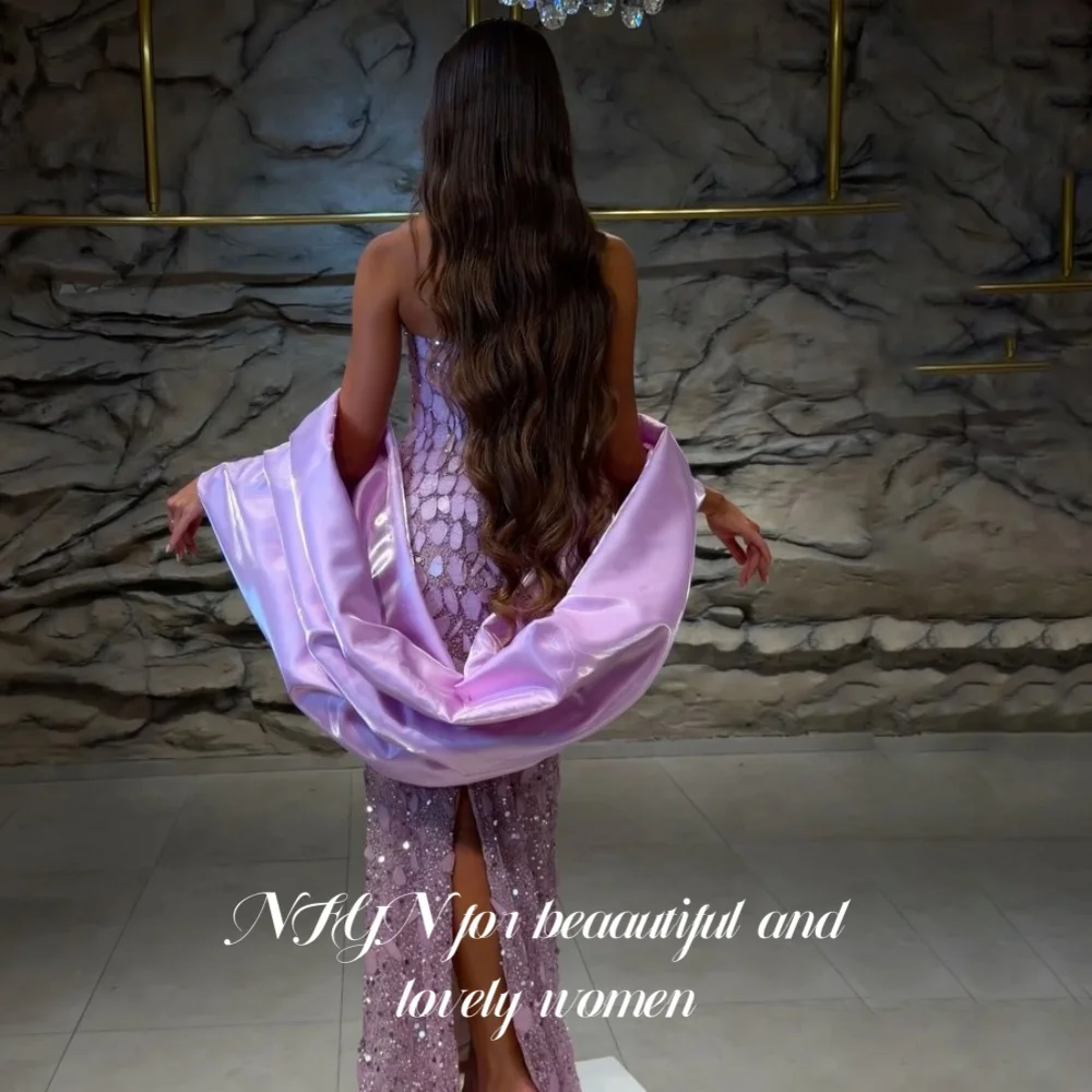 NFYN Stunning Lavender Strapless Long Mermaid Evening Gown Stone Beaded Oversized Tulle Cape Slit Prom Evening Party Customized