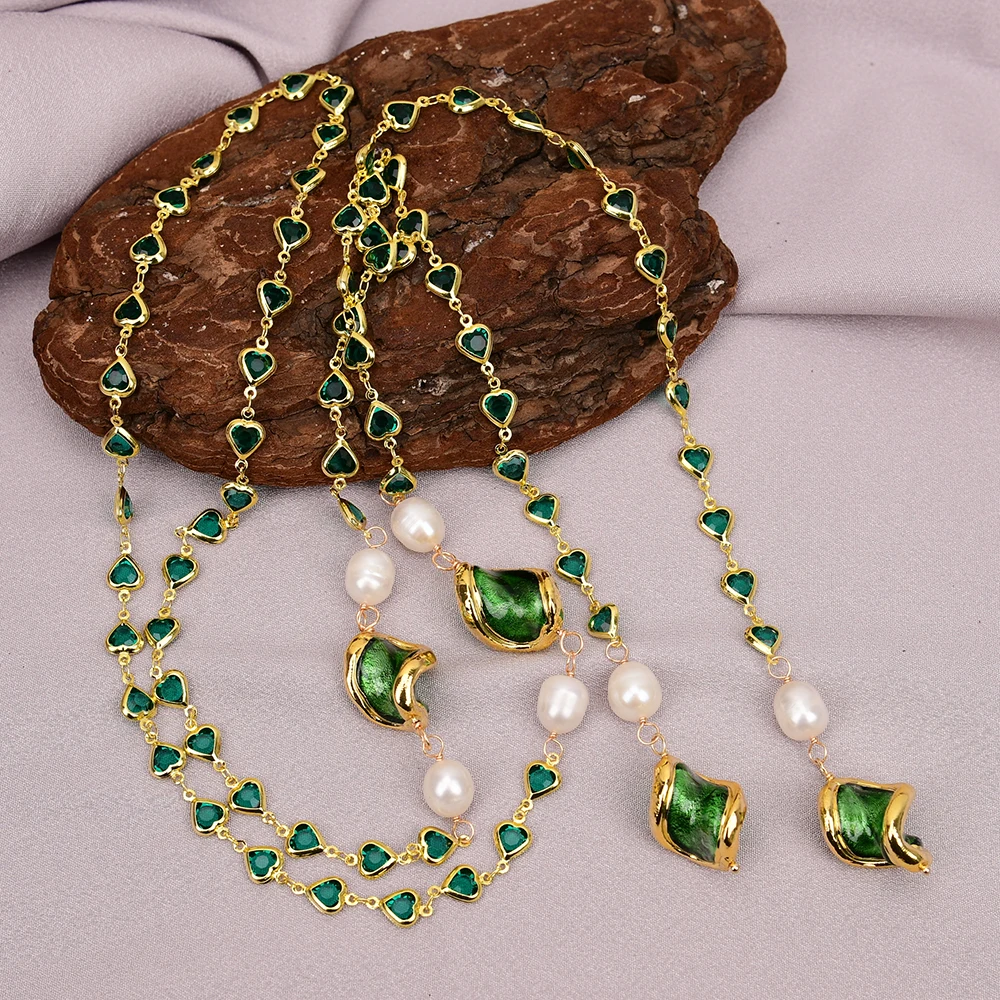 

GG 49 дюймов культивированный белый рисовый жемчуг зеленый муранское стекло сердце кристалл цепочка для свитера длинное ожерелье ручной работы женские ювелирные изделия