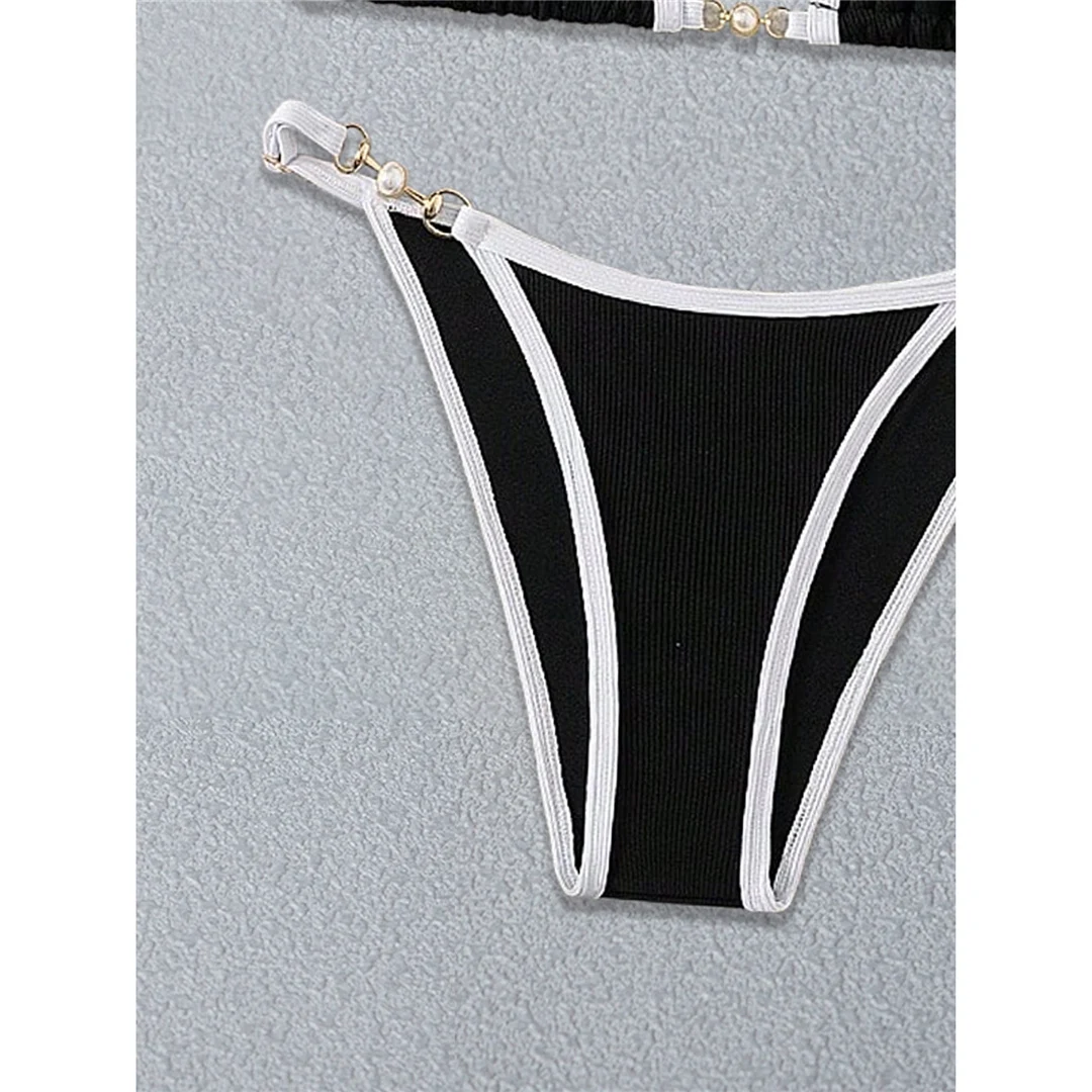 Perlen-Halterneck-Bikini mit hohem Beinausschnitt, zweiteiliger Badeanzug für Damen, gerippter, gepolsterter Badeanzug, Badebekleidung, Badeanzug V6315 – Detail 13
