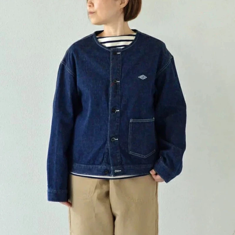 Washed Denim Jacket Casual Loose Women's Fashion Spring 2026 Short Coat Casual Style round Neck Button Closure Long Sleeve