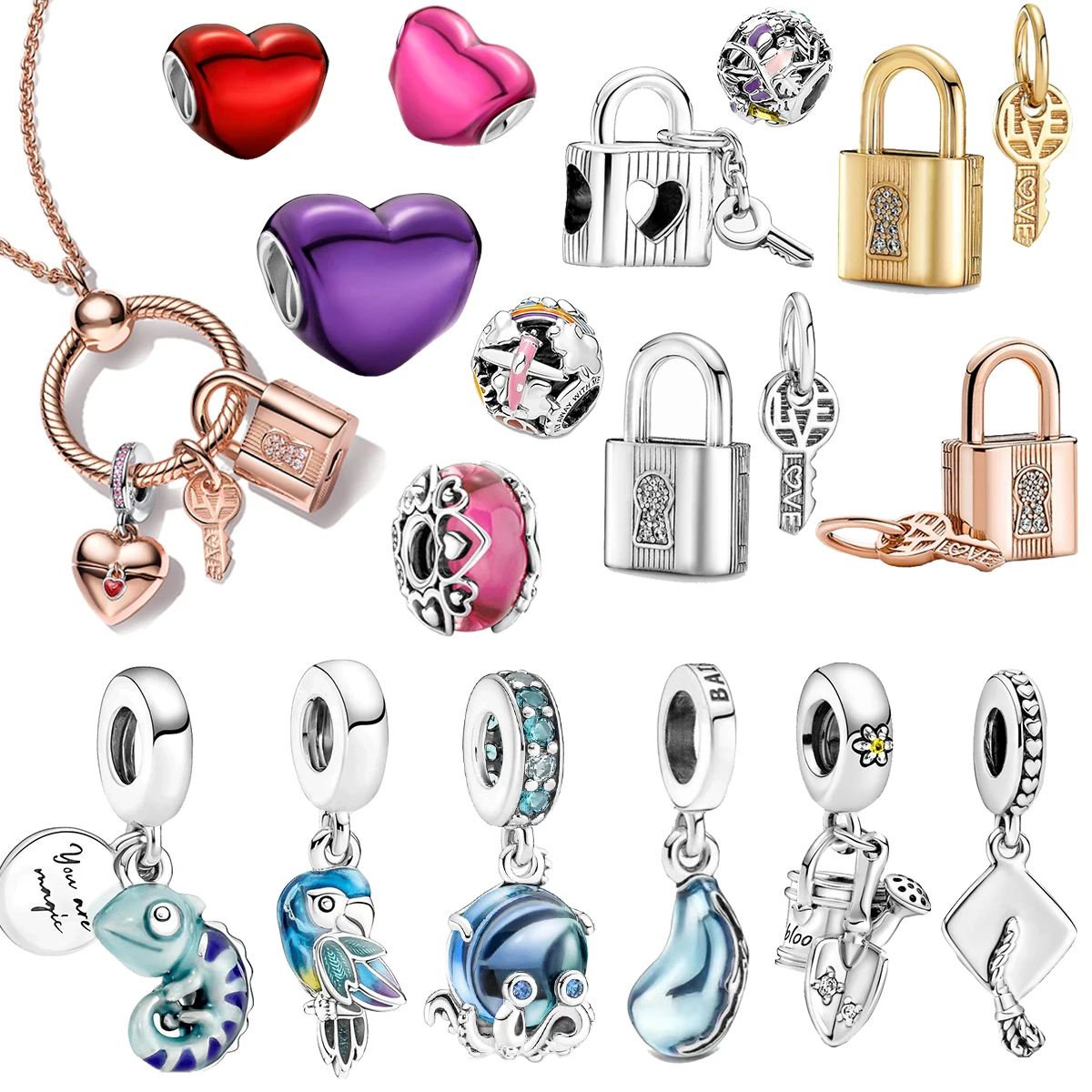 

New 925 Sterling Silver Padlock & Key Dangle And Ladybird & Heart Charm Fit Original Brand Bracelet For Women DIY Jewelry Gift