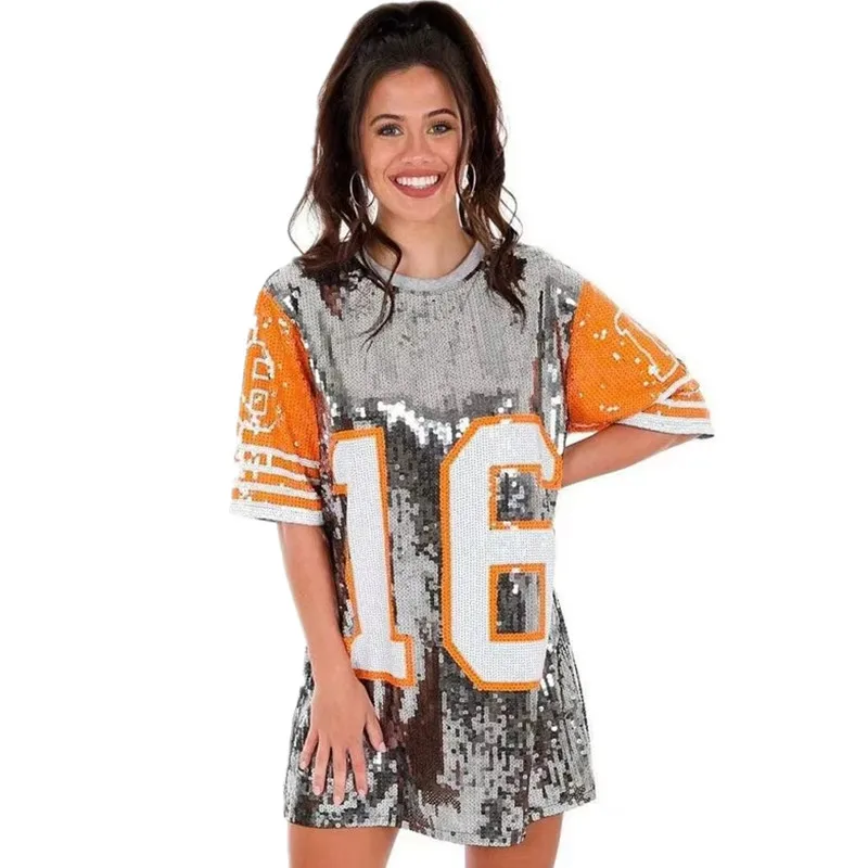 New Baseball Football Game Female Tops Sequin Women Jersey Dress