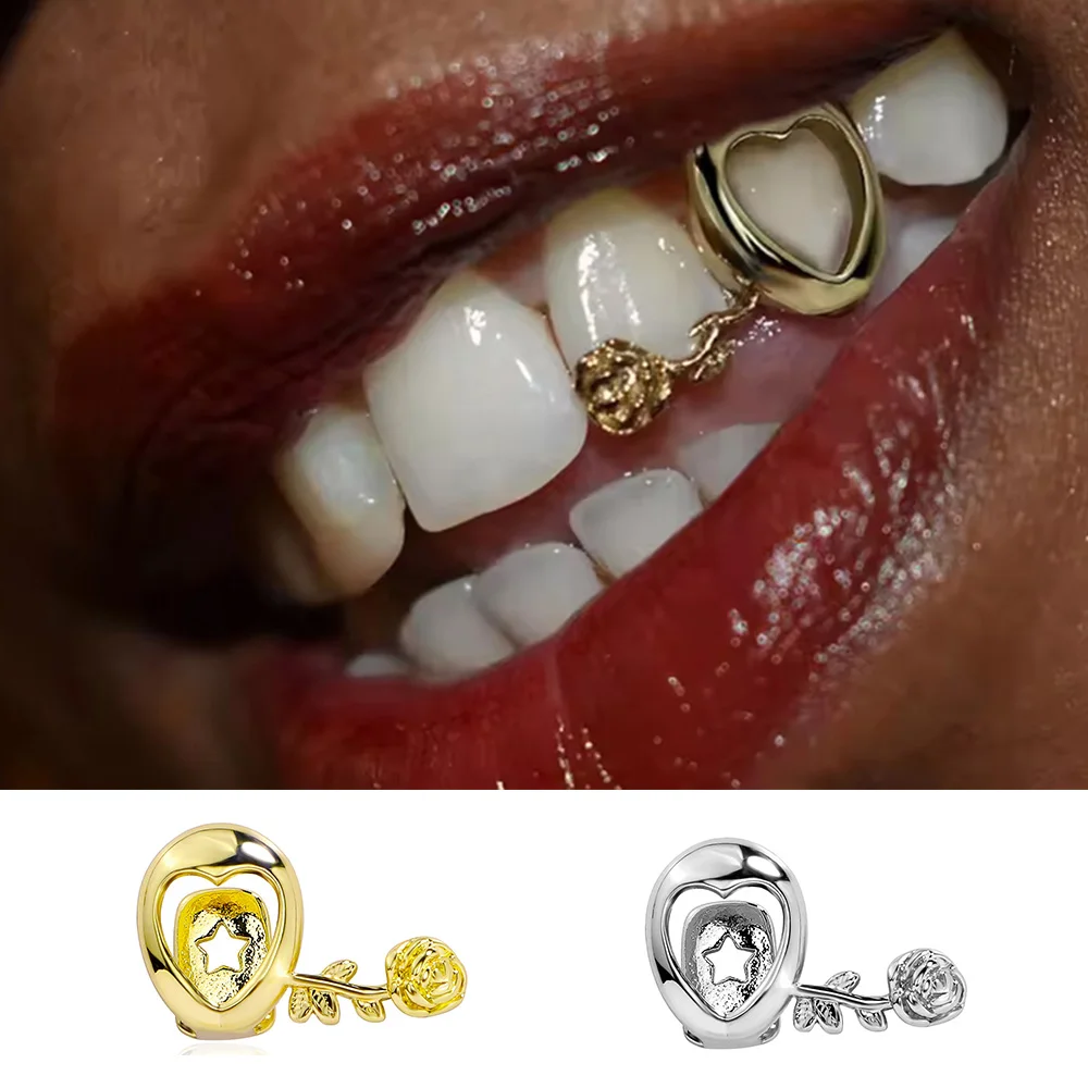 RACHELZ خمر زهرة واحدة الجوف القلب الأسنان Grillz أنيقة لامعة روز سحر الأسنان قبعات للنساء الرجال زوجين مجوهرات #1