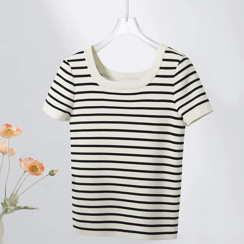 T-shirt lavorata a maglia a righe francesi da donna moda estiva scollo a U top casual a maniche corte T-shirt basic tutte abbinate in seta ghiacciata femminile