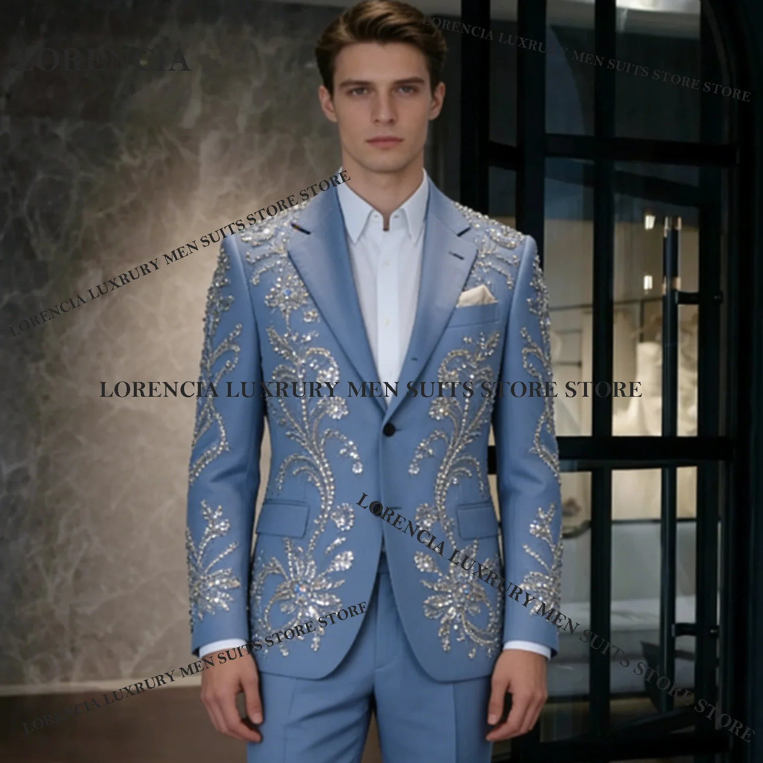 Formal Crystal Sequin Men suits For Wedding Groom Embroidery Gem Male Prom Party Customized Blazer 2 Pieces Sets Tuxedos Slim