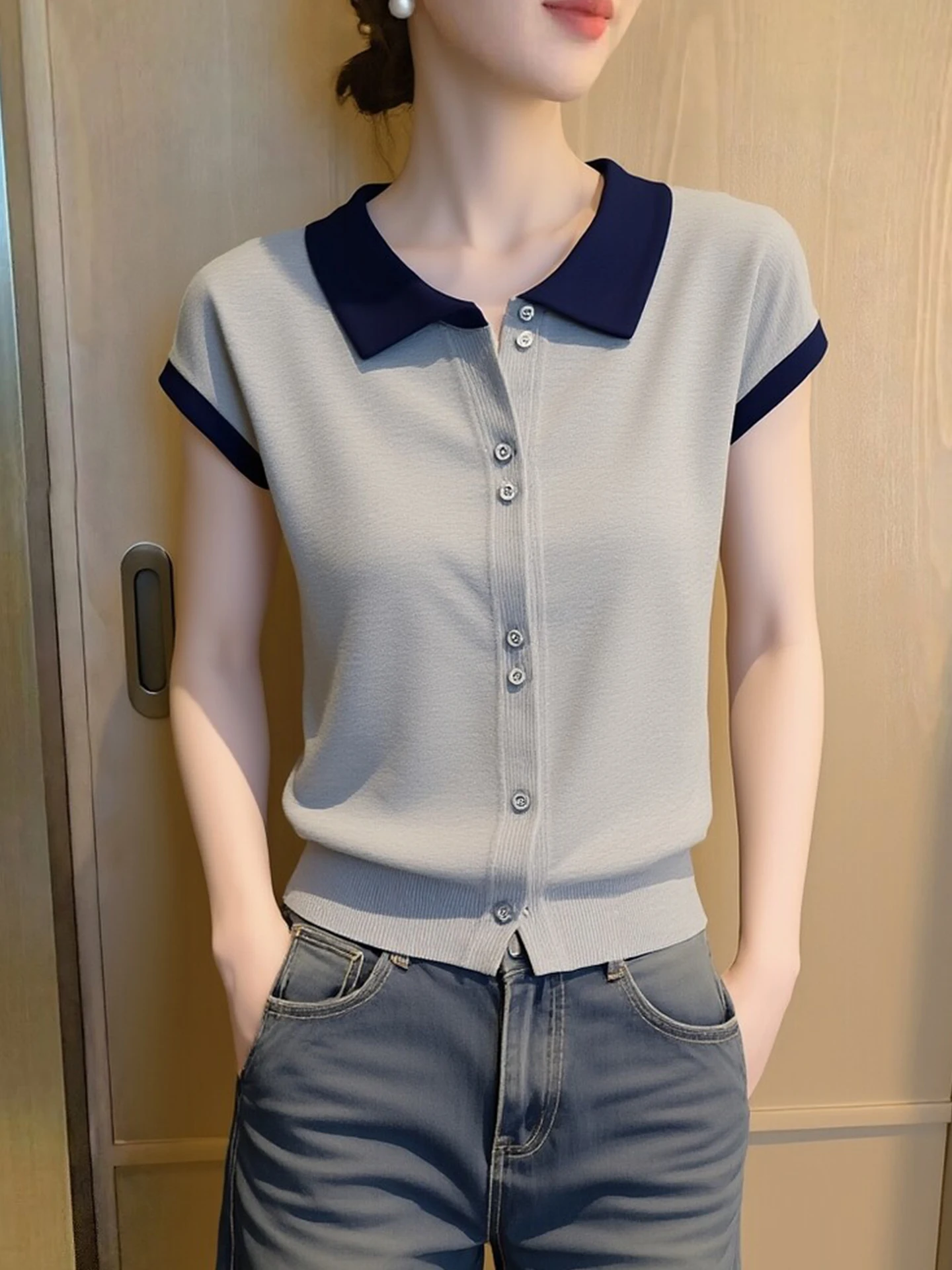 

Korean Style Color Block Design Neck Knitwear Short Sleeve Soft Skin-Friendly Summer Fashion Top Women's Silk Shirt