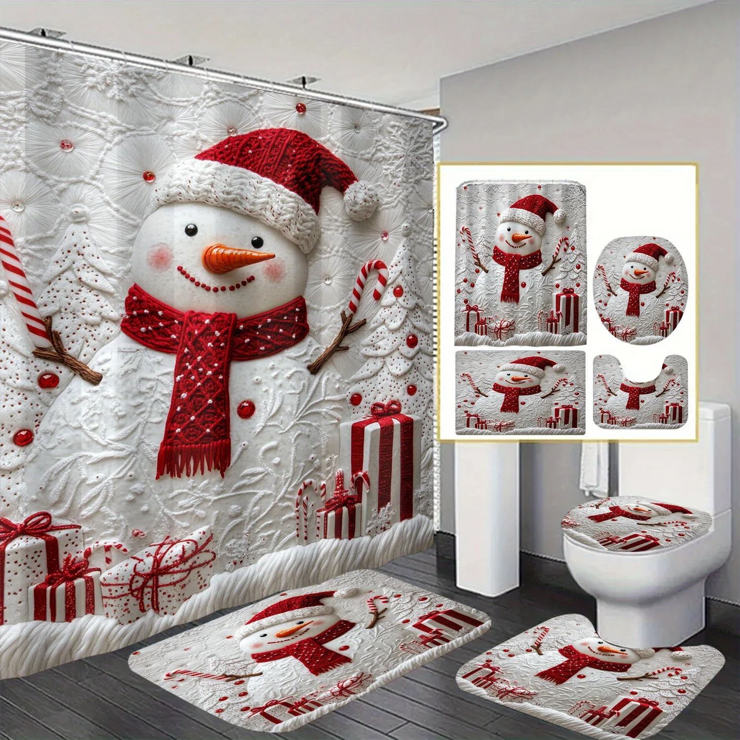 

4pcs Snowman-themed shower curtain with 12 hooks for room, home, hotel, machine-washable curtains, bathroom,