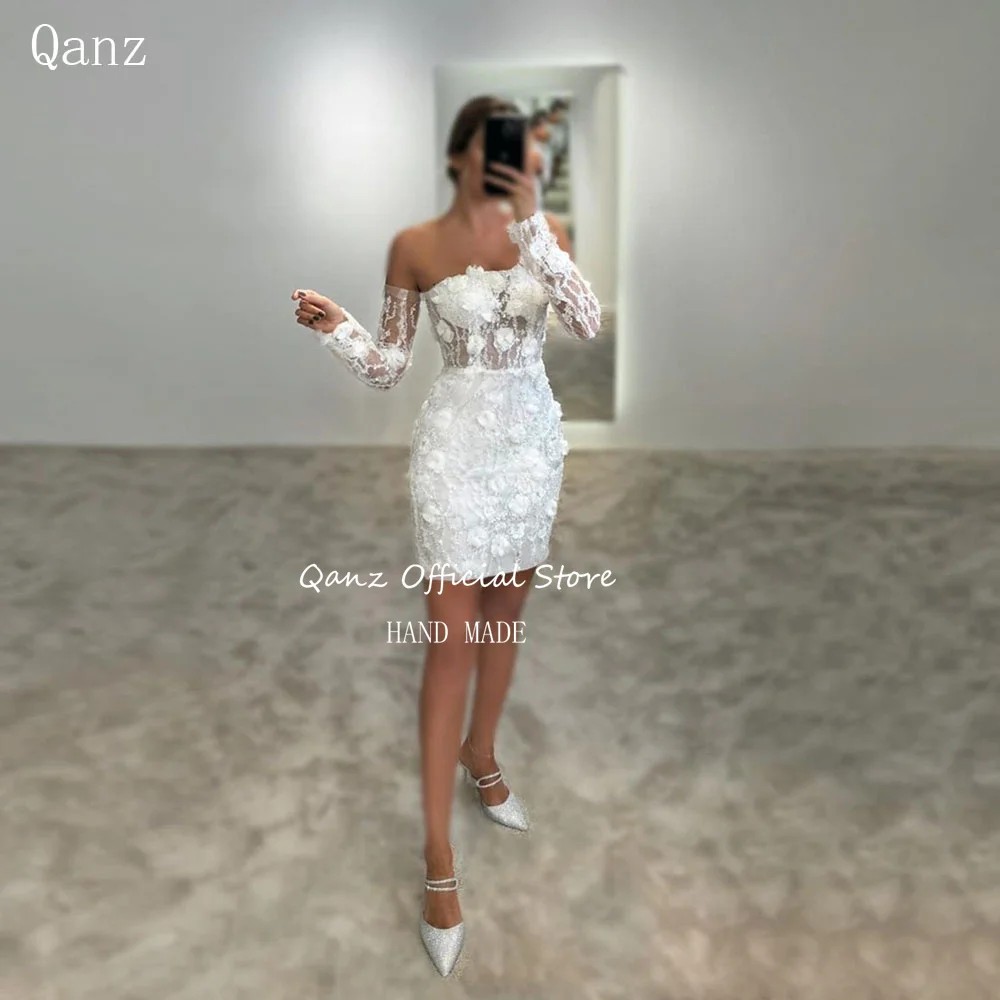 

Qanz Gorgeous Flowers Wedding Dress Long Sleeves Above Length Robe De Mariée Sexy Open Back Short Party Gown Women Customized