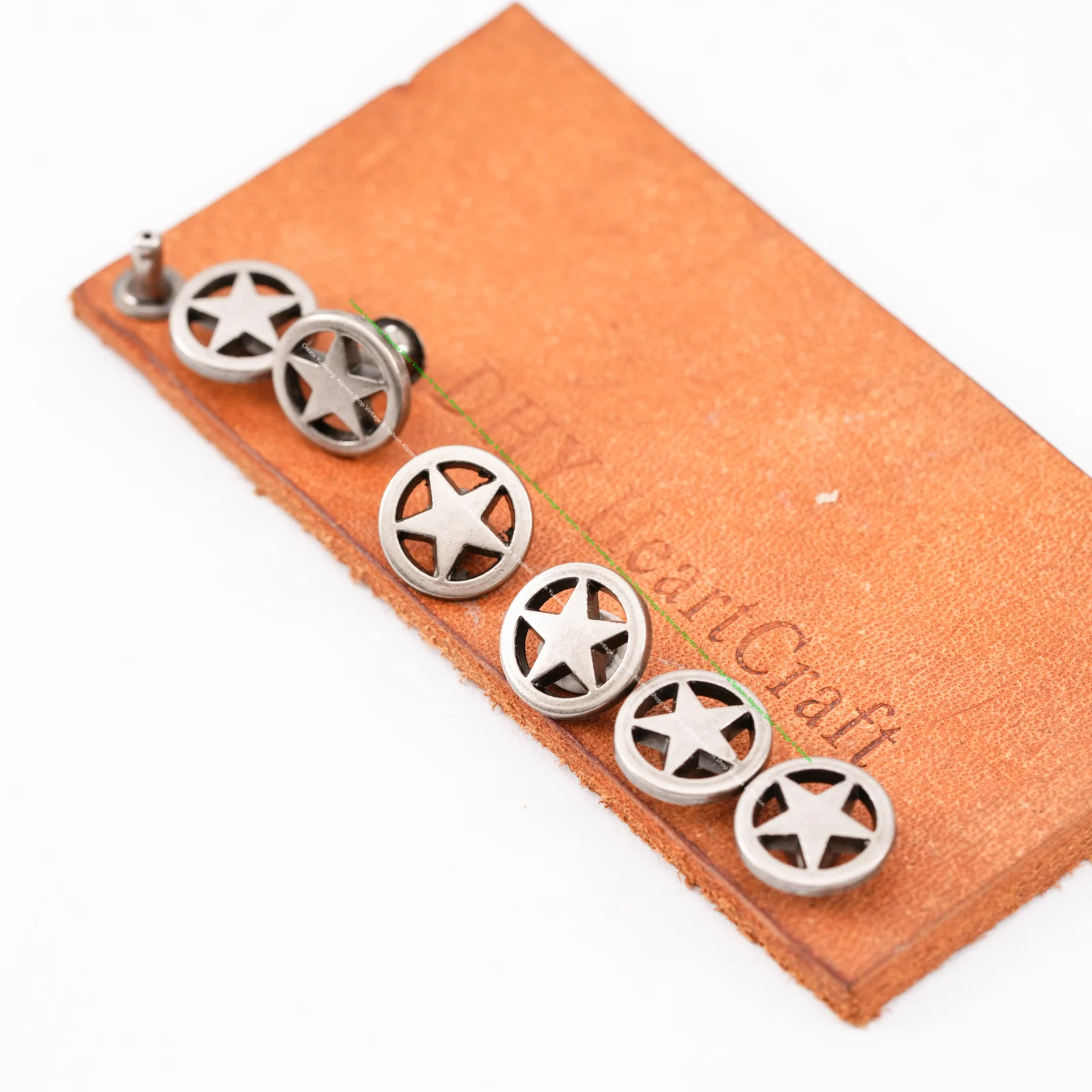 50X Retro Silver Punk Metal Round Side Star Fasteners Rivets Spike Studs Decor 1/2\