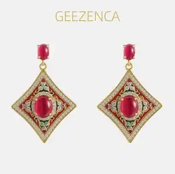 GEEZENCA 925 Sterling Silver Red Corundum Citrine Dangle Earrings Women Luxury Vintage Colorful Enamel Diamond Shaped Earring