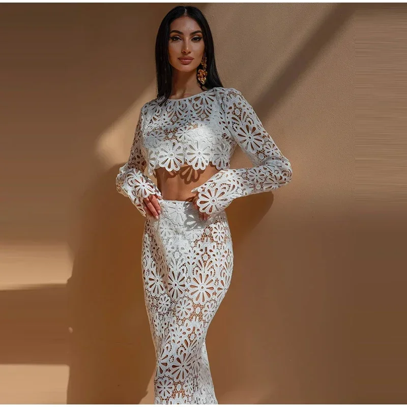 

Sexy Lace Hollow Out Skirts Set Women Elegant See Through Crop Tops Slim Long Skirt Suit Female 2024 Summer Ladies Beach Outfit