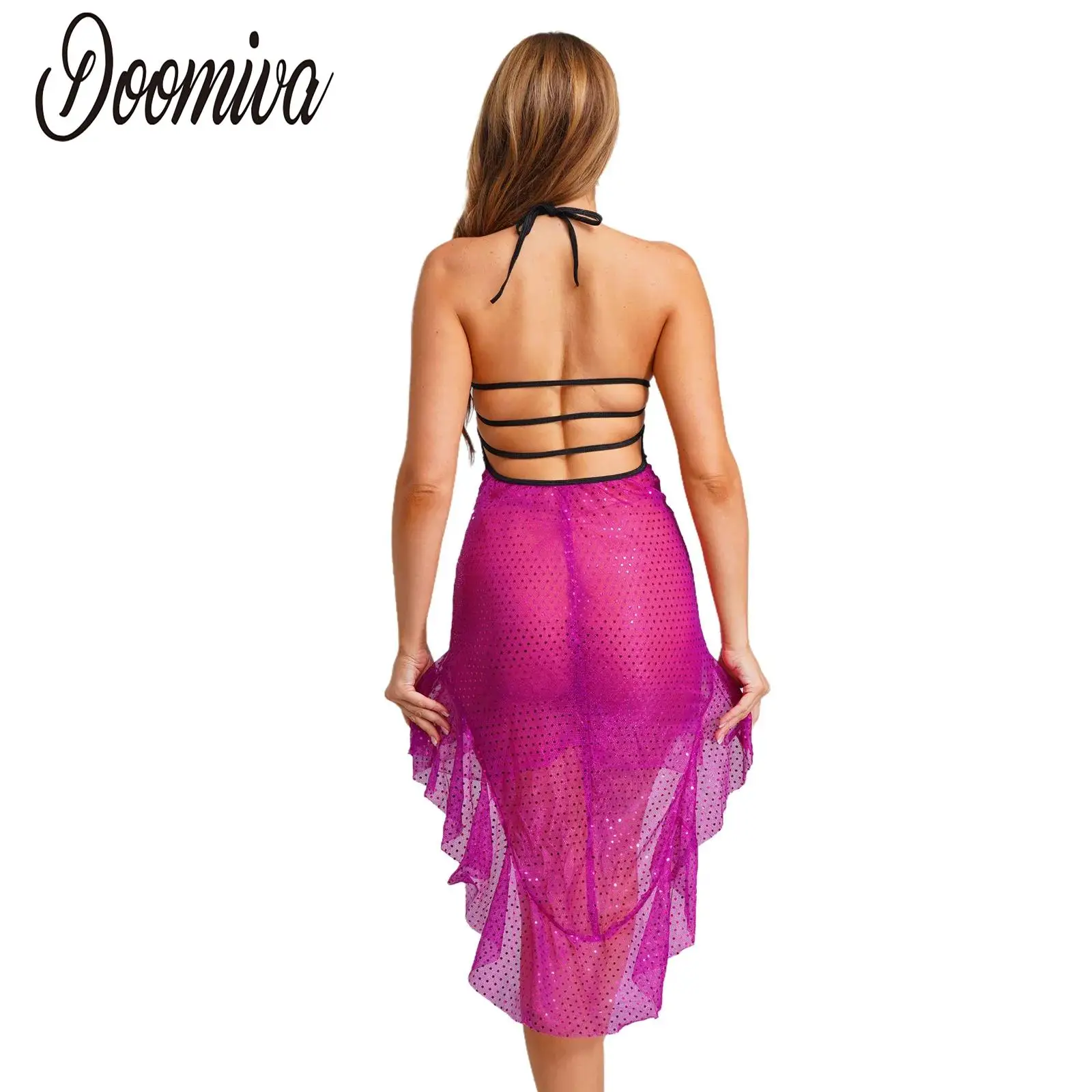 

Women Shiny Sequin Sheer Bodycon Dress Party Clubwear Halter Backless Plunge V Neck Ruffled High-low Hem Dress and T-back Thongs
