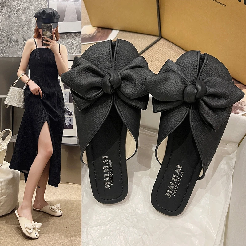 Sweet Women Slippers Slides Daily Square Low Heels Shoes for Women Solid Pointed Toe Butterfly Knot Summer Slippers Plus Size