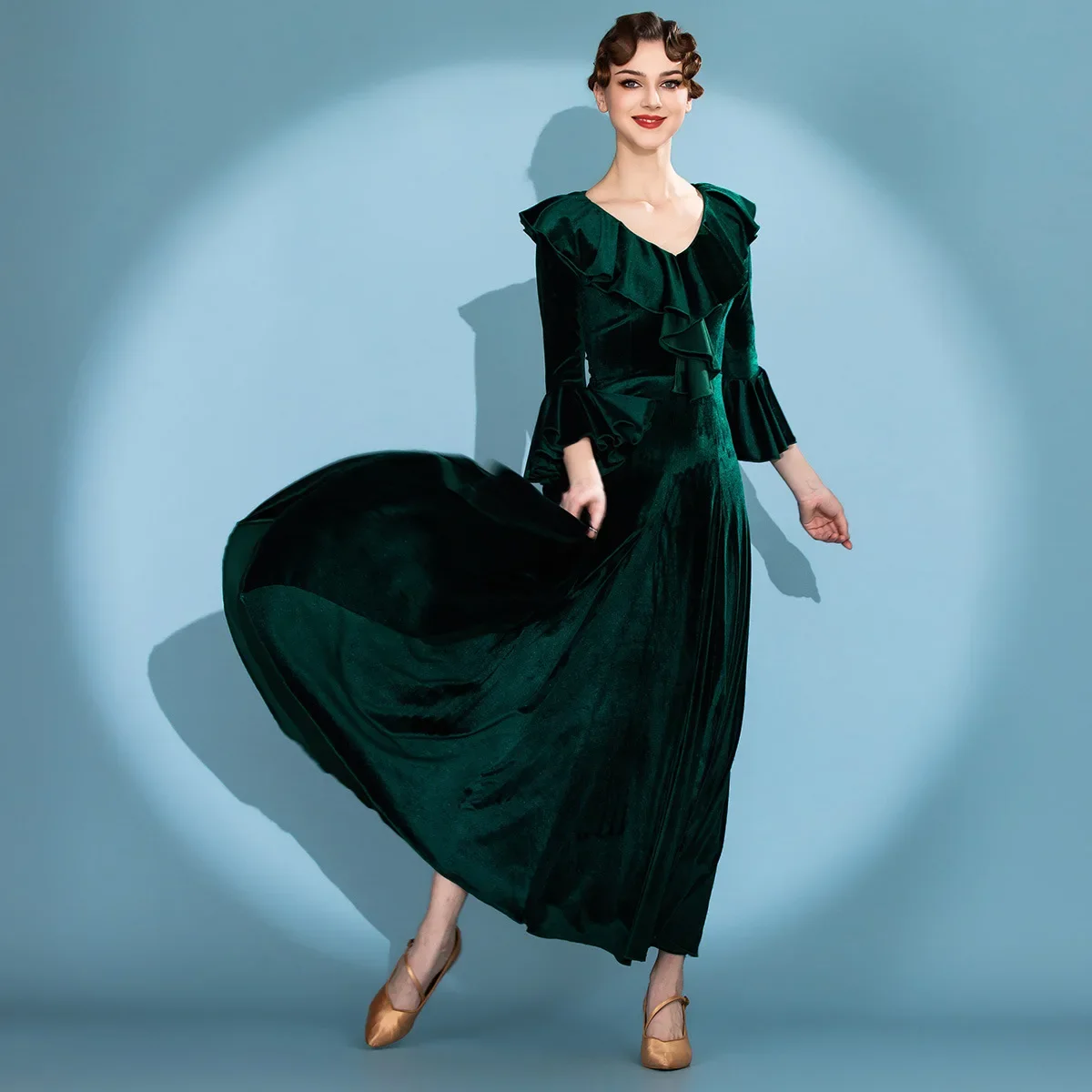 Elegant Red Velvet Ballroom Dance Dress for Women, Ruffle V-Neck Flare Sleeve Long Swing Gown for Latin & Modern Dance Performan