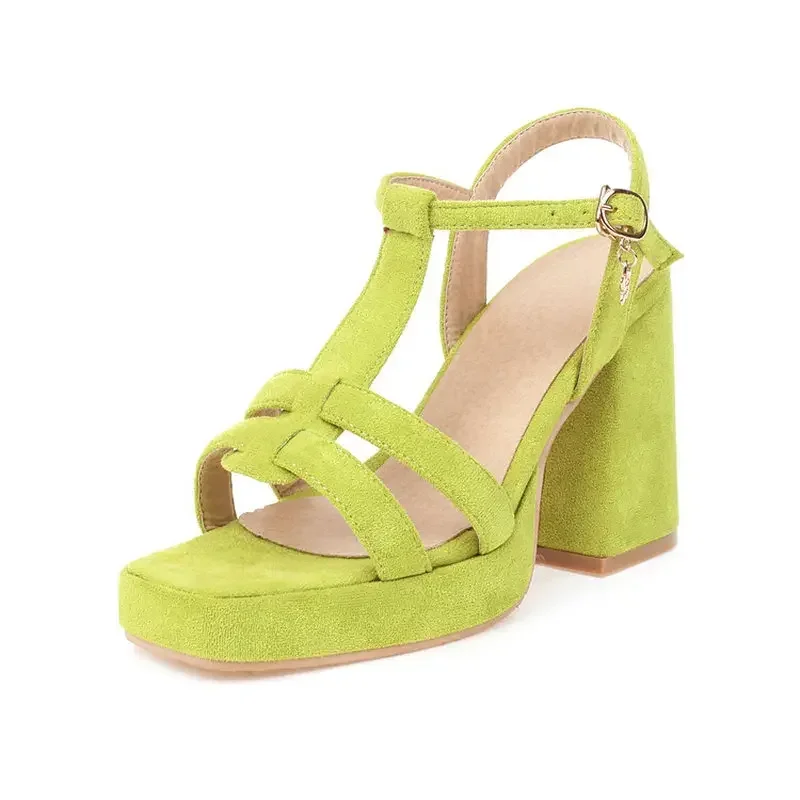 

2022 New Bright Orange Neon Green Open Toe T-strap Bandage Shoes For Adult Summer Platform Chunky Heels Gladiators Sandals Women
