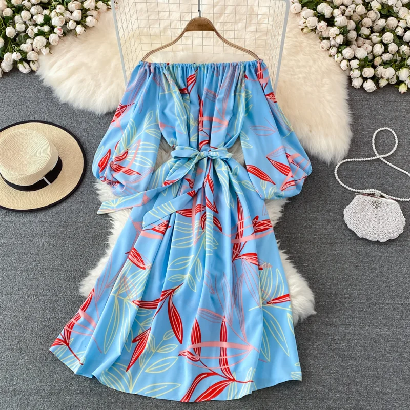 INS boho vintage donna estate sexy spalle scoperte stampa floreale fasciatura abito lungo chic a-line vestido de festa elegante abito da spiaggia