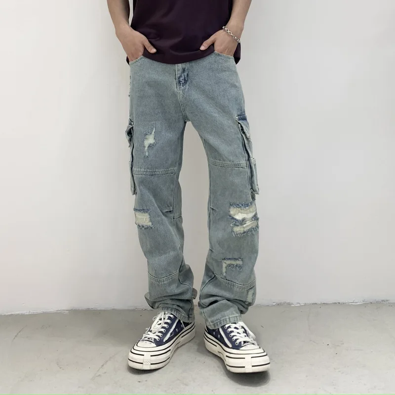 newy2k men's high-quality retro work pants with washed pockets and decorative water, nostalgic stretch slim fit, washed