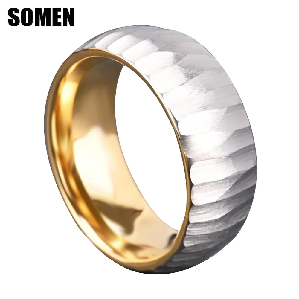 Somen 8mm Two Tone Hammered Tungsten Carbide Ring For Men Silver Brushed Faceted Wedding Band Engagement Promise Jewelry Comfort