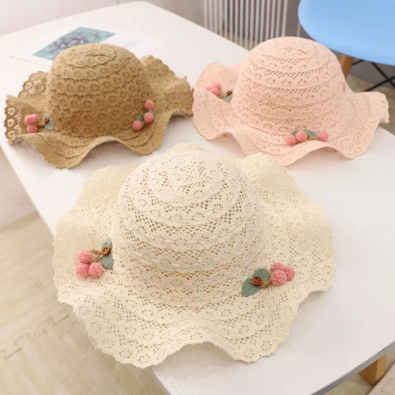 Children's Korean Version Of The Summer Sunshade Small Fresh Lace Powder Cherry Straw Cap Foldable Sunscreen Beach Bucket Hat