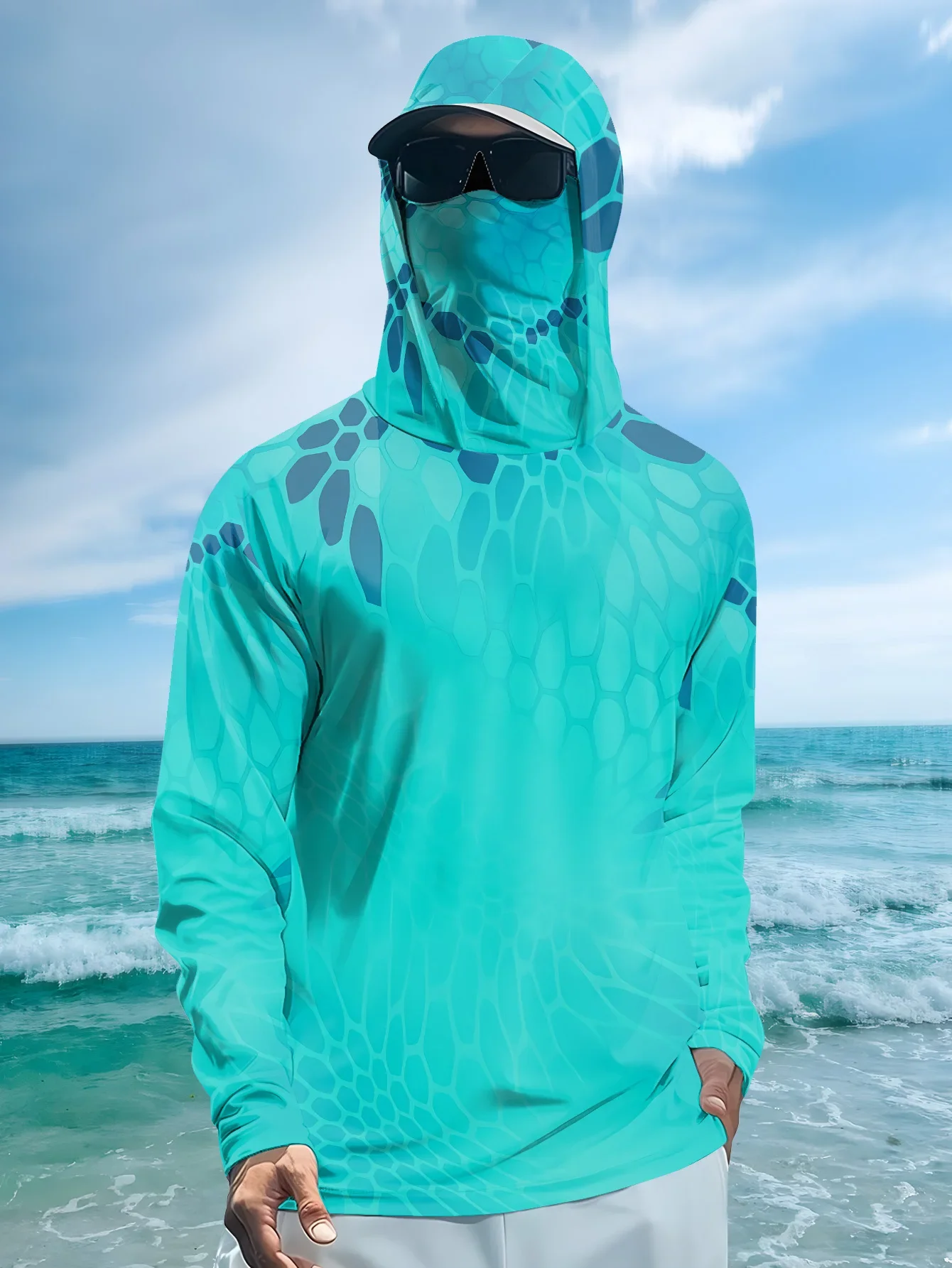 Mens Hooded Face Gaiter Fish Scale Camo Fishing Shirts Quick Dry Breathable Long Sleeve UV Protection Hiking Angling Apparel