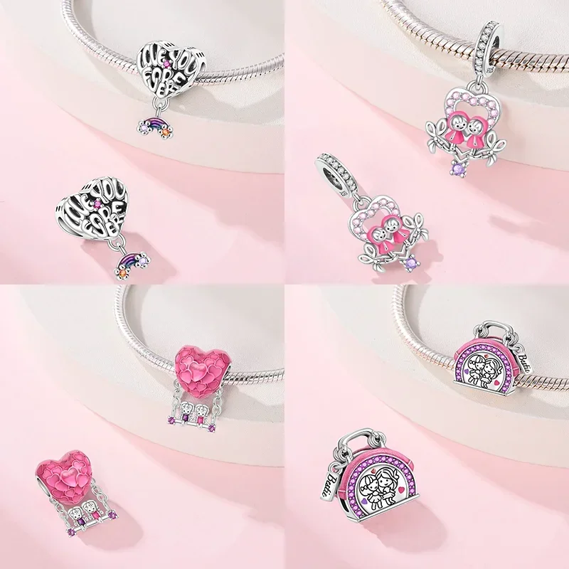 Silver S925 Sisters Series Pink Heart Charm Forever Friendship Beads Fit Original Bracelet Diy Jewelry Gifts for Women