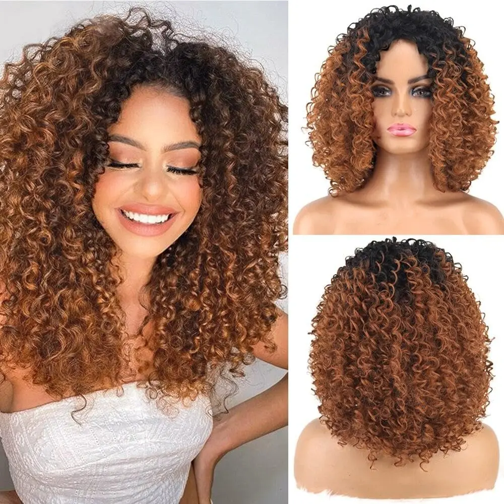 Afro Kinky Curly Hair Synthetic Wigs For Women Kinky Curly Wigs For Women Ombre Brown With Dark Roots Synthetic Wigs