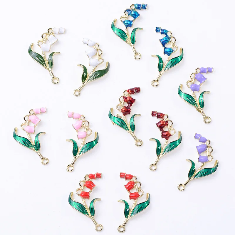 

New Vintage Gold Metal Charms For Earrings Making 20pcs Big Enamel Lily of the Valley Connectors Pendant DIY Jewelry Accessory