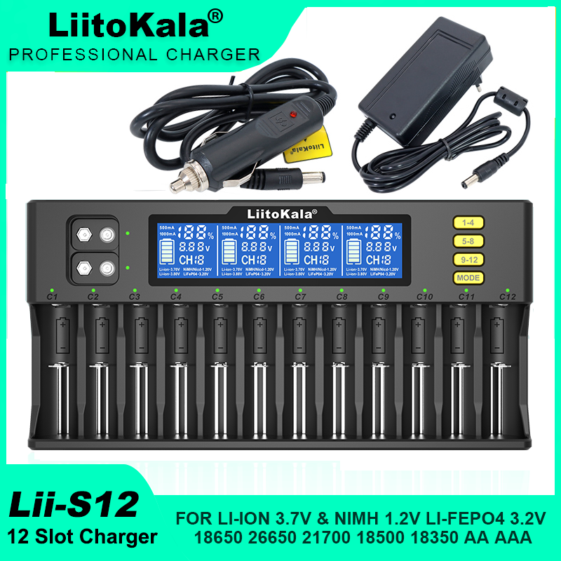  LiitoKala Lii-S12 For 18650 Battery Charger  Li-ion 3.7V NiMH 1.2V Li-FePO4 3.2V IMR 3.8V For 26650 21700 26700 18350 9V 