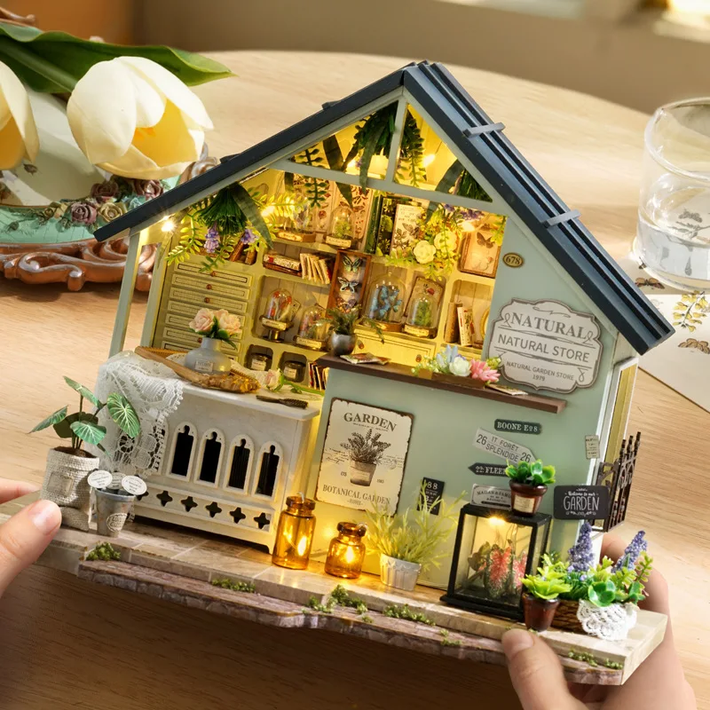 OUZEY 3D Wooden Dollhouse DIY Kit - Complete "Cozy Cottage" Model with Furniture & LED, Miniature Home Gift for Kids & Adults
