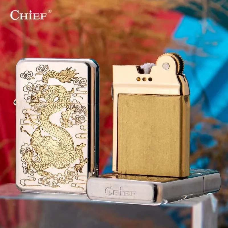 2024 CHIEF Pure Copper Personality Sculpture Windproof Kerosene Lighter Classic Grinding Wheel Ignition Lighters Smoking Gadgets