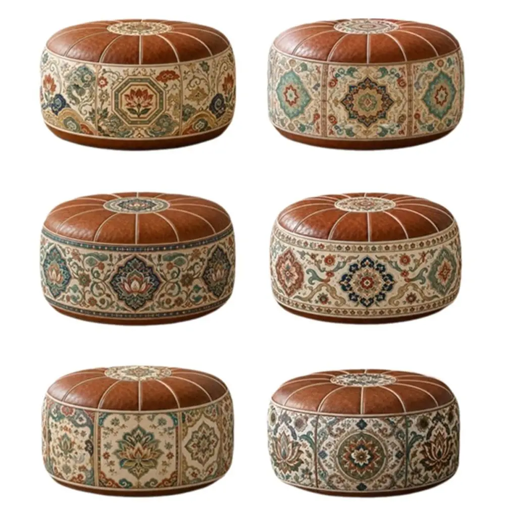 New PU Leather Ottoman Pouf Foldable Round Shape Storage Ottoman Fillable Boho Pattern Round Pouf Cover Living Room Use