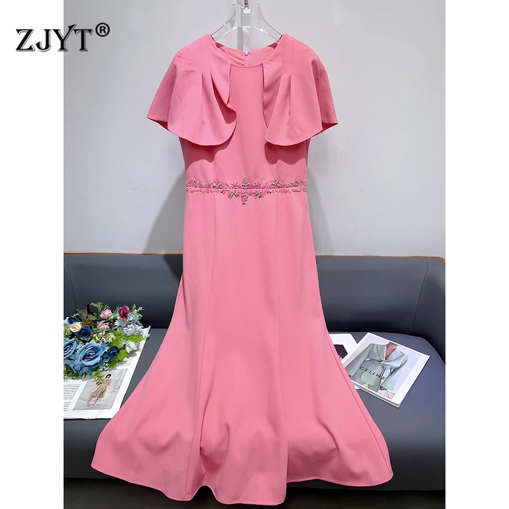 

ZJYT Women's Elegant Beaded Midi Mermaid Dress Summer Cloak Sleeves Pink Plus Size Special Occasion Evening Party Gown Vestidos